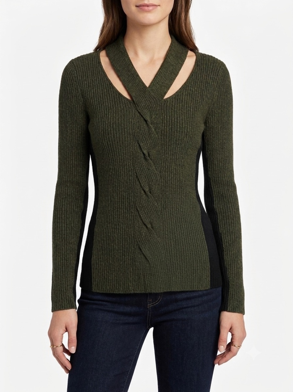 Liverpool Los Angeles Ribbed Sweater Women’s Size S Green Black Cable Knit NWT
